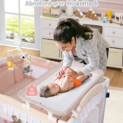 4 in 1 Babybett mit Abnehmbarem Baldachin Reisebett mit Matratze Beistellbett mit Rollen Rosa