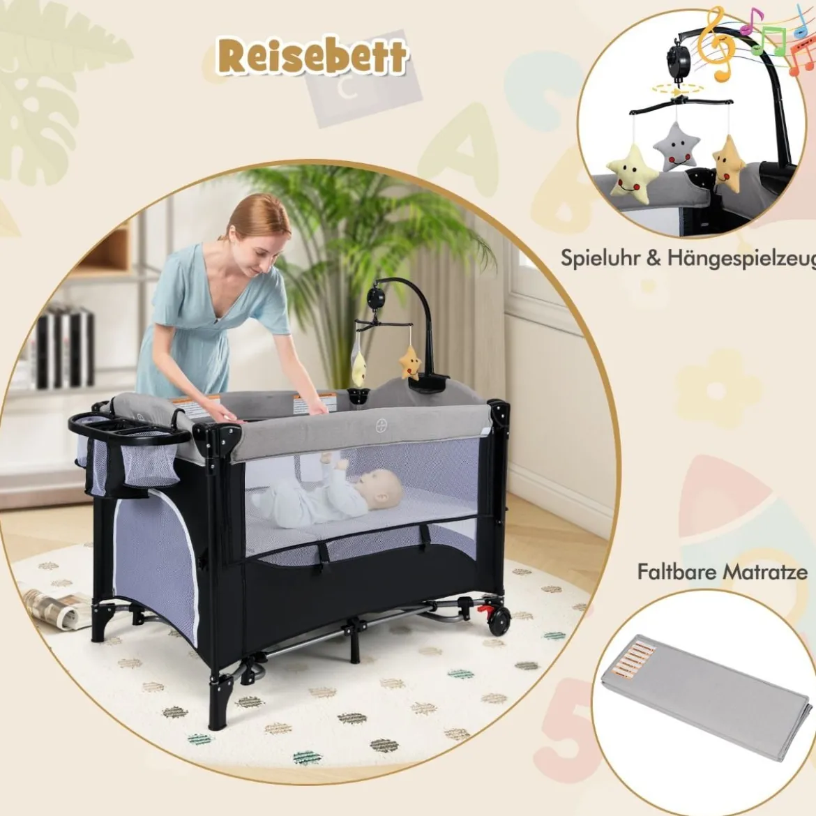 5 in 1 Babybett mit Matratze & Wickeltisch & Sicherheitsgurt & Spieluhr Grau