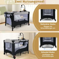 5 in 1 Babybett mit Matratze & Wickeltisch & Sicherheitsgurt & Spieluhr Grau