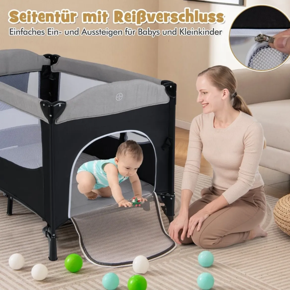 5 in 1 Babybett mit Matratze & Wickeltisch & Sicherheitsgurt & Spieluhr Grau