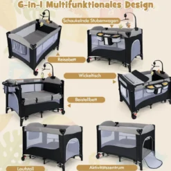 5 in 1 Babybett mit Matratze & Wickeltisch & Sicherheitsgurt & Spieluhr Grau
