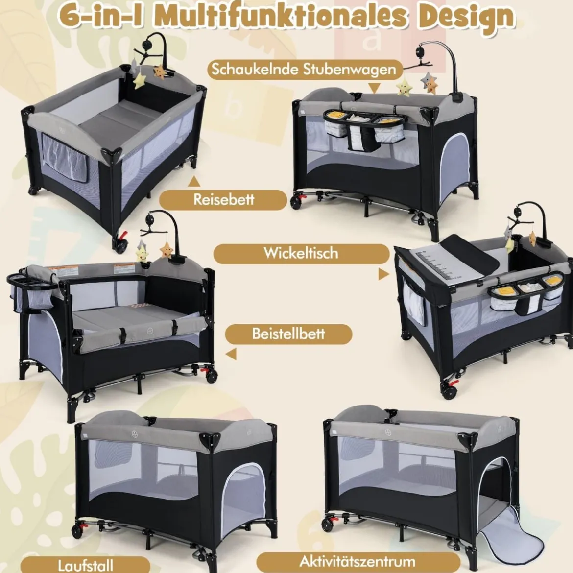 5 in 1 Babybett mit Matratze & Wickeltisch & Sicherheitsgurt & Spieluhr Grau