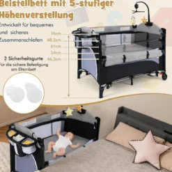 5 in 1 Babybett mit Matratze & Wickeltisch & Sicherheitsgurt & Spieluhr Grau