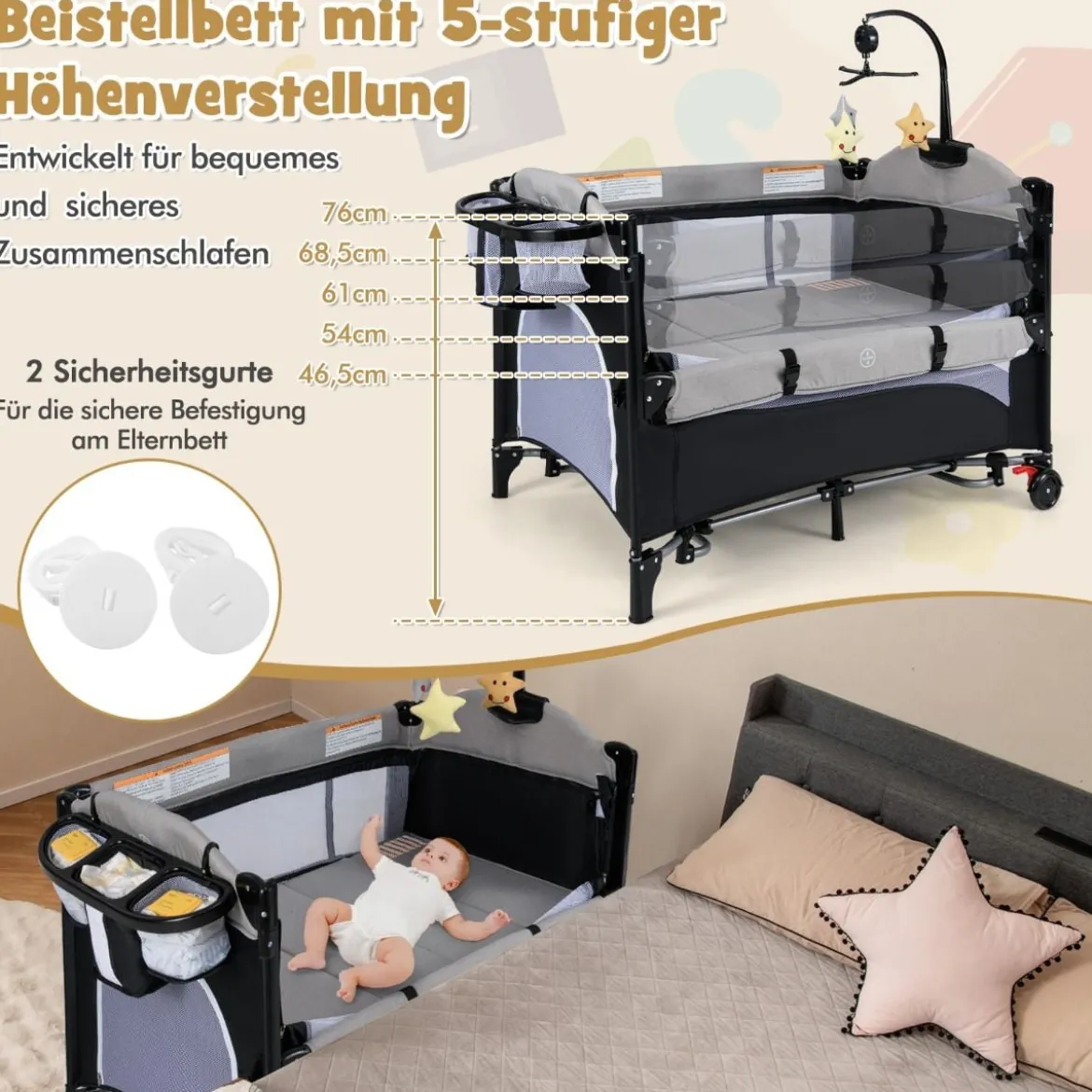 5 in 1 Babybett mit Matratze & Wickeltisch & Sicherheitsgurt & Spieluhr Grau