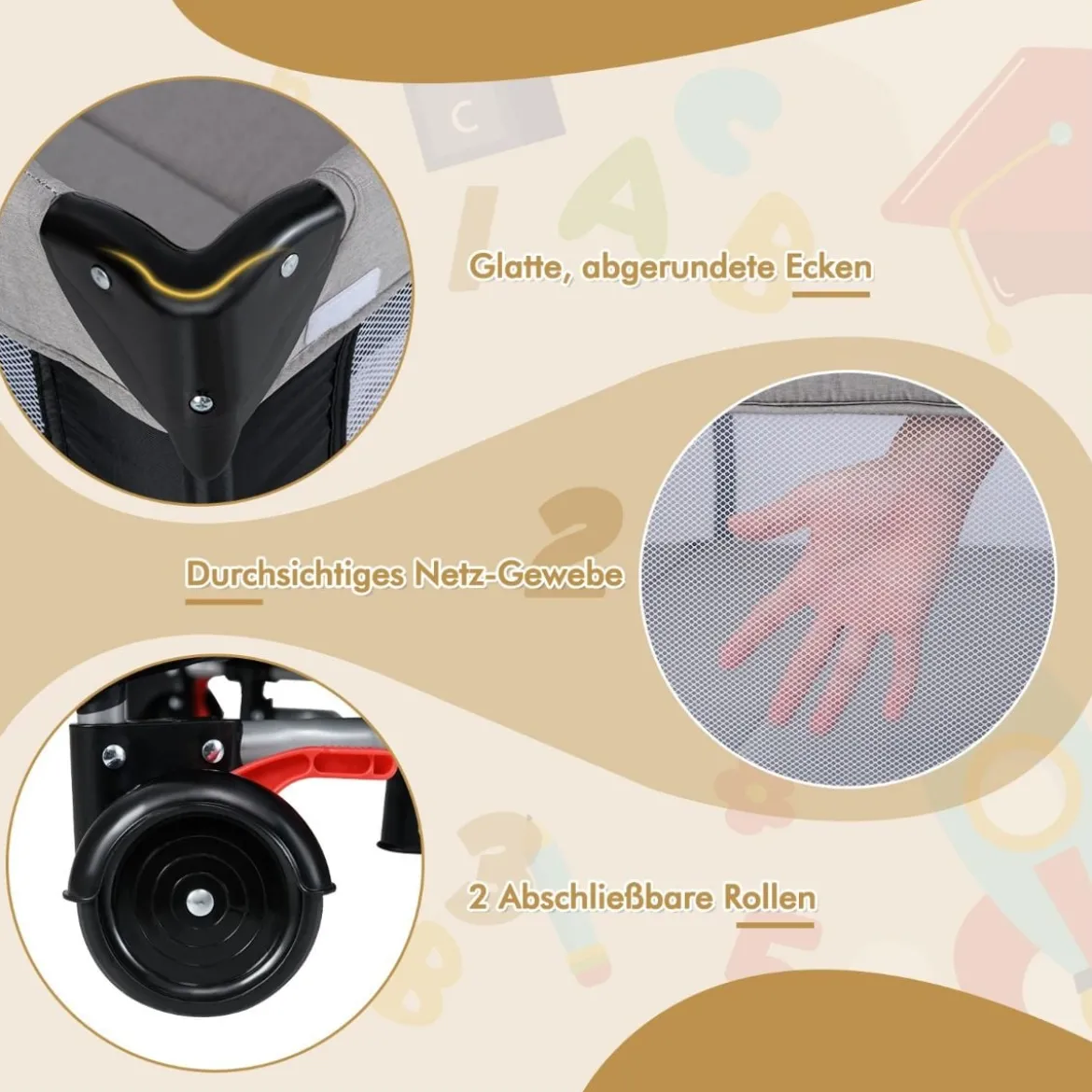 5 in 1 Babybett mit Matratze & Wickeltisch & Sicherheitsgurt & Spieluhr Grau
