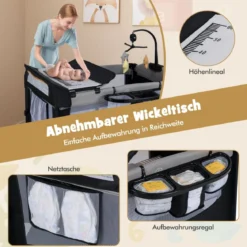 5 in 1 Babybett mit Matratze & Wickeltisch & Sicherheitsgurt & Spieluhr Grau