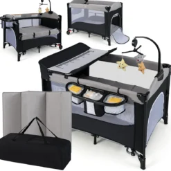 5 in 1 Babybett mit Matratze & Wickeltisch & Sicherheitsgurt & Spieluhr Grau