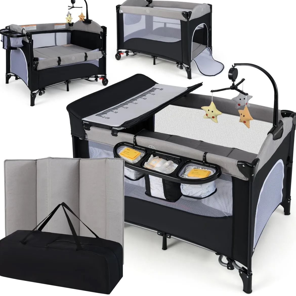 5 in 1 Babybett mit Matratze & Wickeltisch & Sicherheitsgurt & Spieluhr Grau