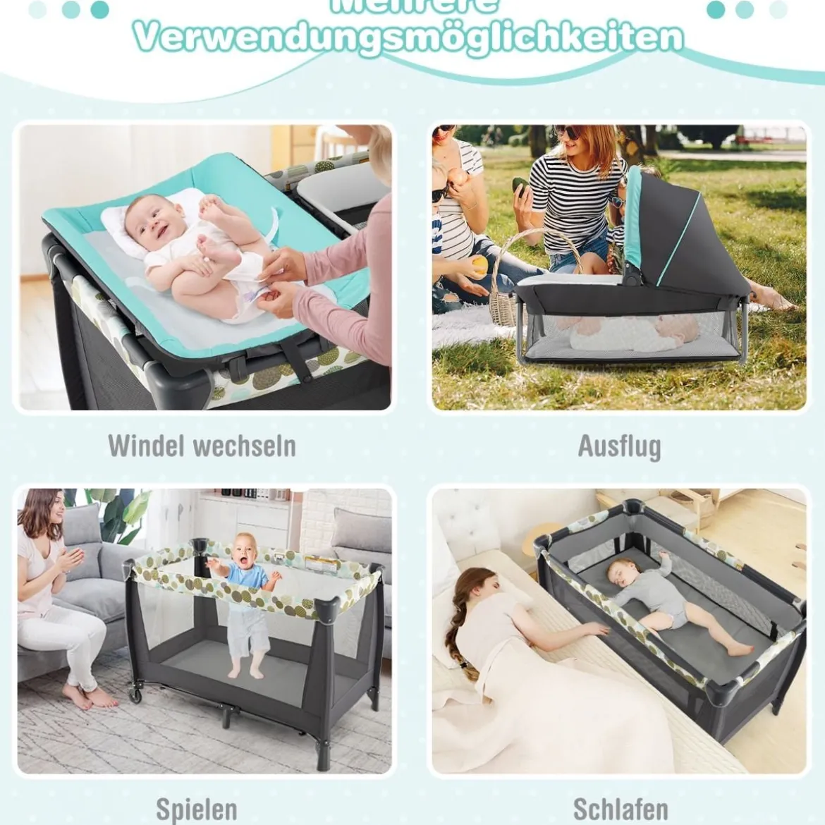 4-in-1-Babybett Tragbares Beistellbett mit Wiege & Wickeltisch