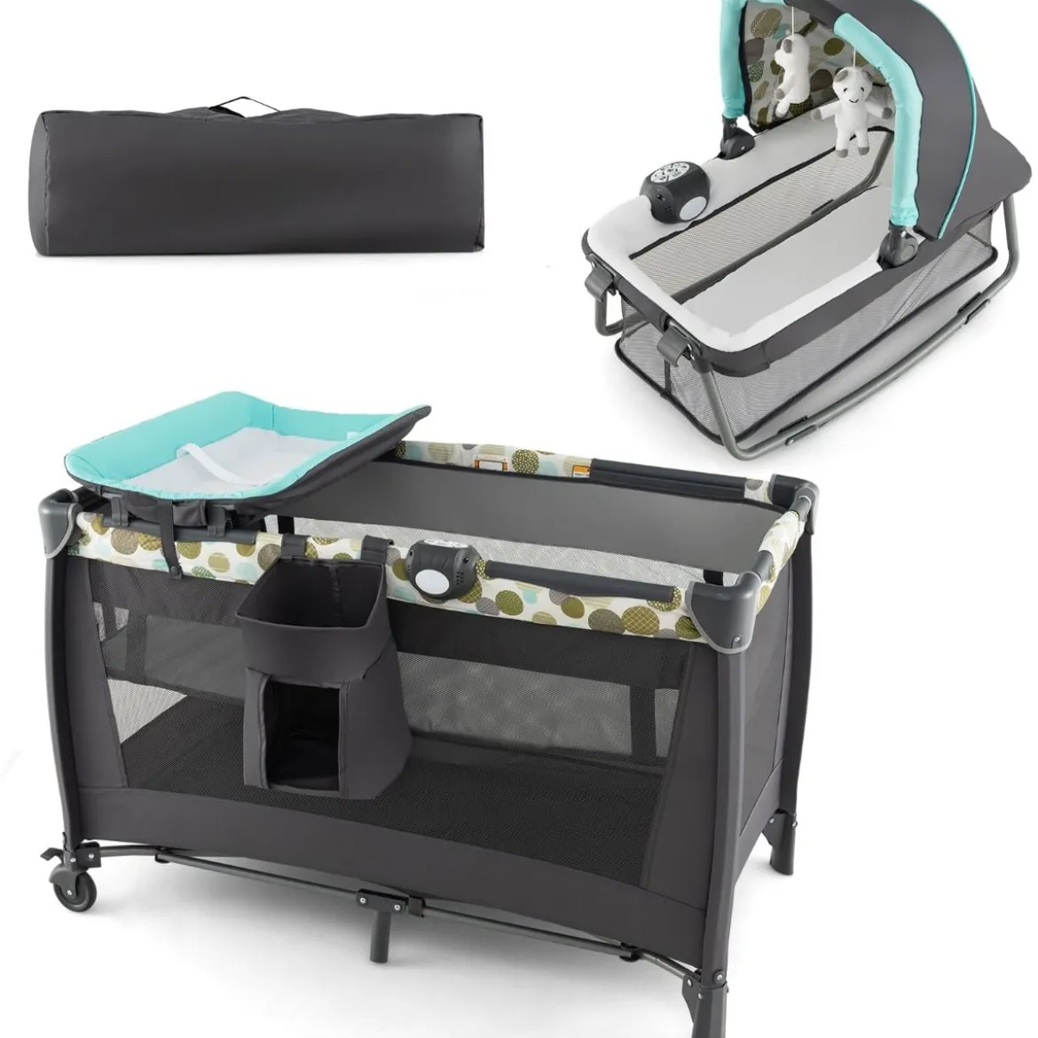 4-in-1-Babybett Tragbares Beistellbett mit Wiege & Wickeltisch