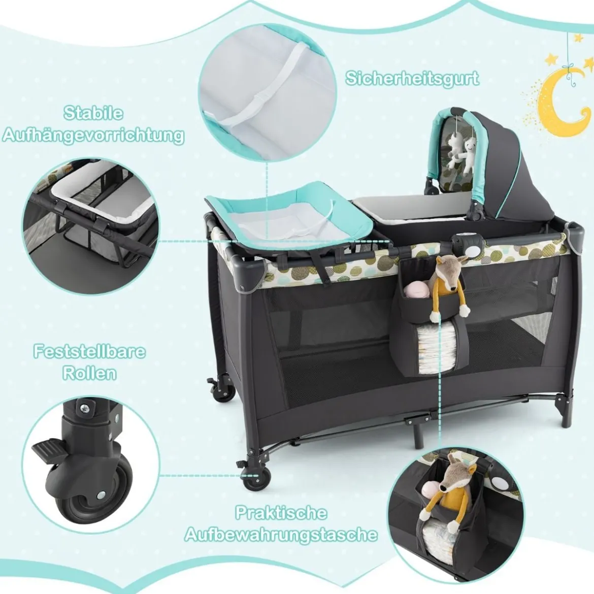 4-in-1-Babybett Tragbares Beistellbett mit Wiege & Wickeltisch