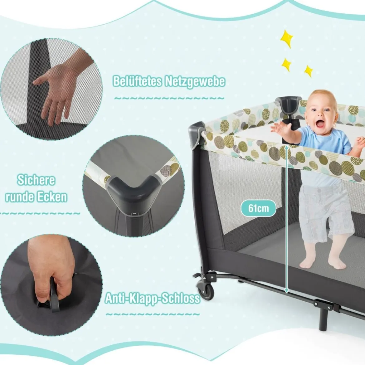 4-in-1-Babybett Tragbares Beistellbett mit Wiege & Wickeltisch