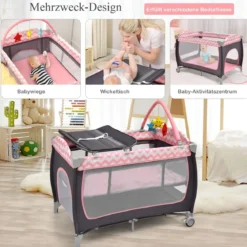 3-in-1-Babybett Tragbares Reisebett mit Spielzeugstange 125 x 65 x 76 cm Rosa