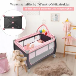 3-in-1-Babybett Tragbares Reisebett mit Spielzeugstange 125 x 65 x 76 cm Rosa