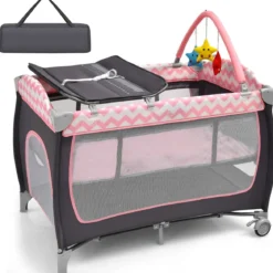 3-in-1-Babybett Tragbares Reisebett mit Spielzeugstange 125 x 65 x 76 cm Rosa
