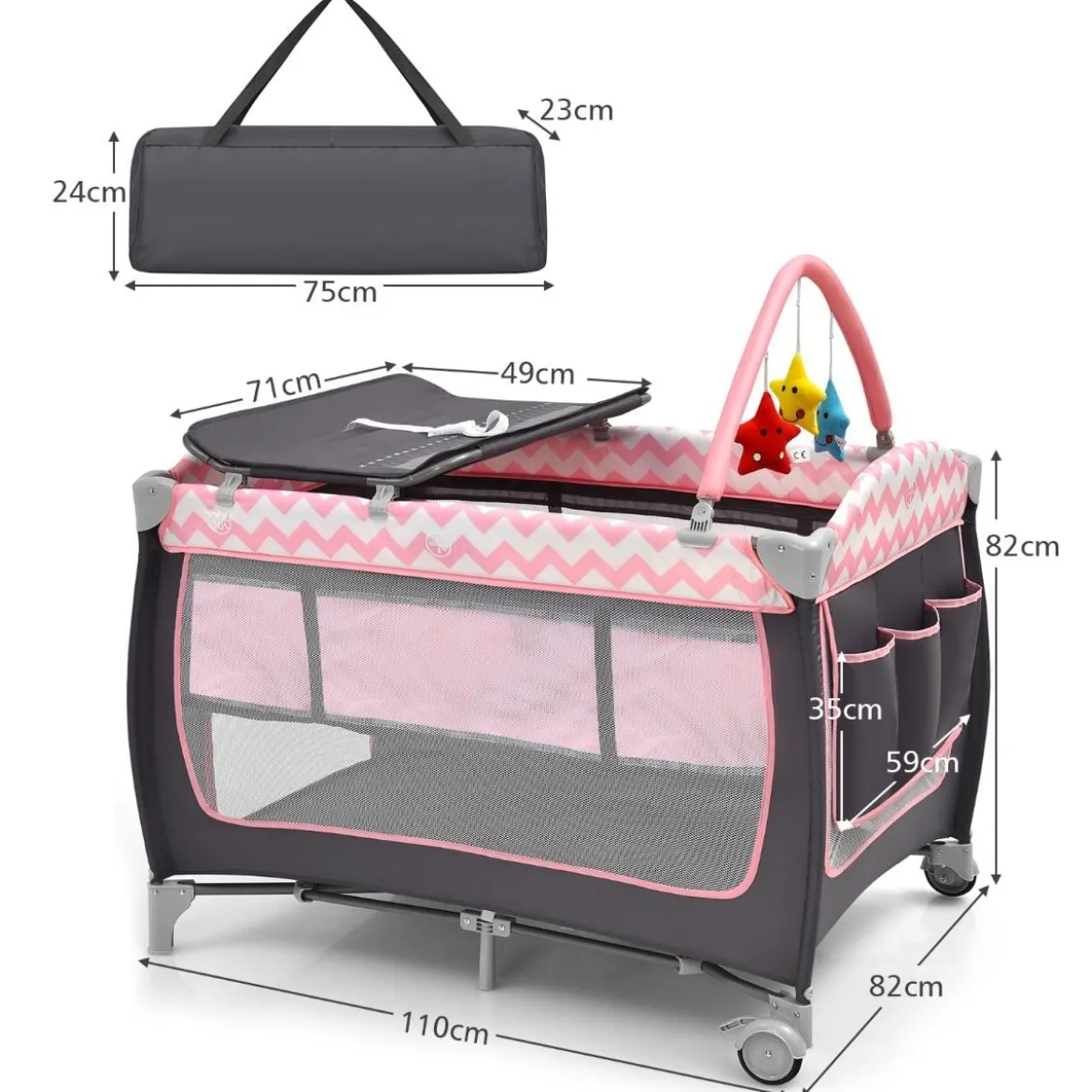 3-in-1-Babybett Tragbares Reisebett mit Spielzeugstange 125 x 65 x 76 cm Rosa