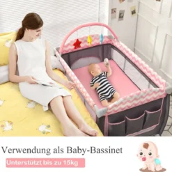 3-in-1-Babybett Tragbares Reisebett mit Spielzeugstange 125 x 65 x 76 cm Rosa