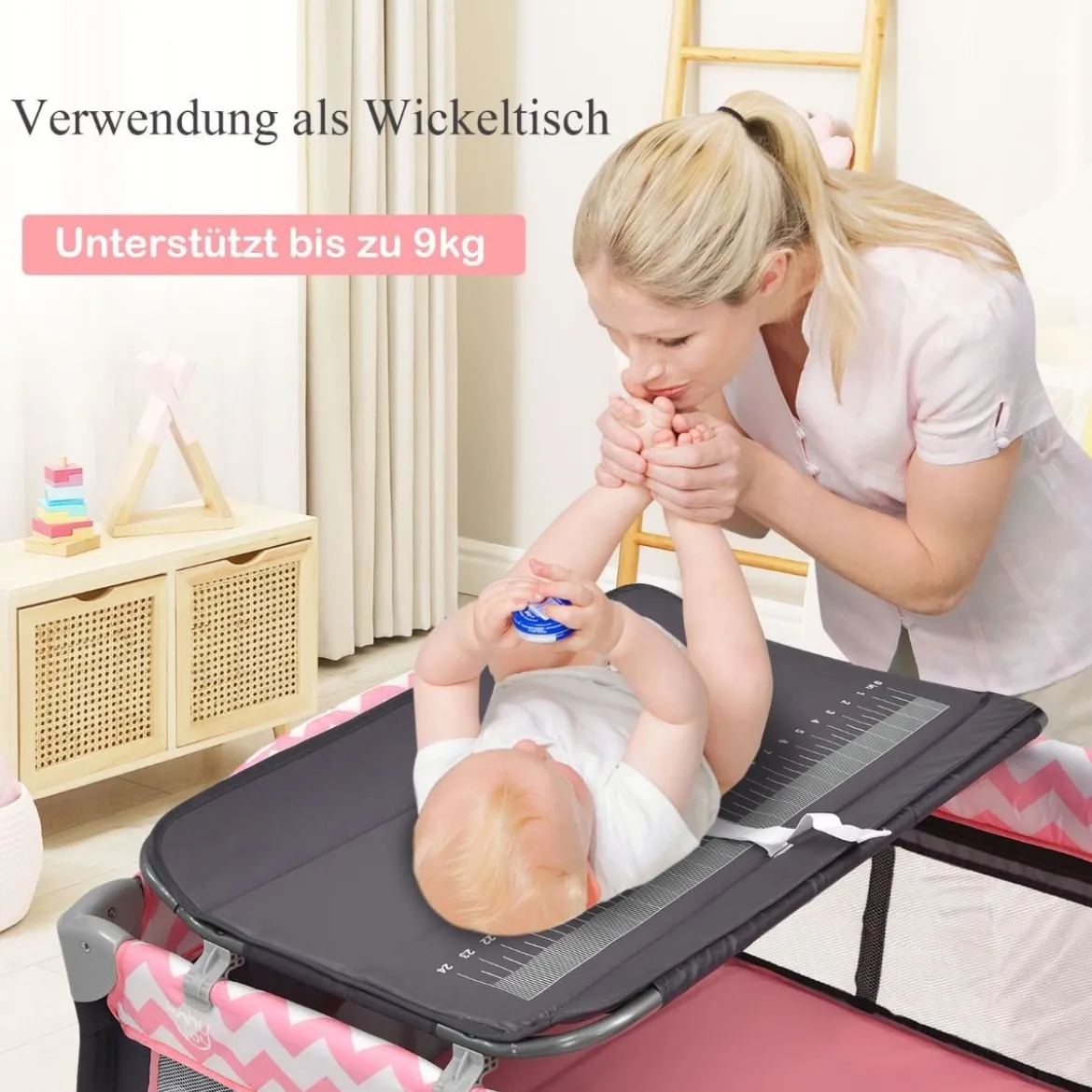 3-in-1-Babybett Tragbares Reisebett mit Spielzeugstange 125 x 65 x 76 cm Rosa