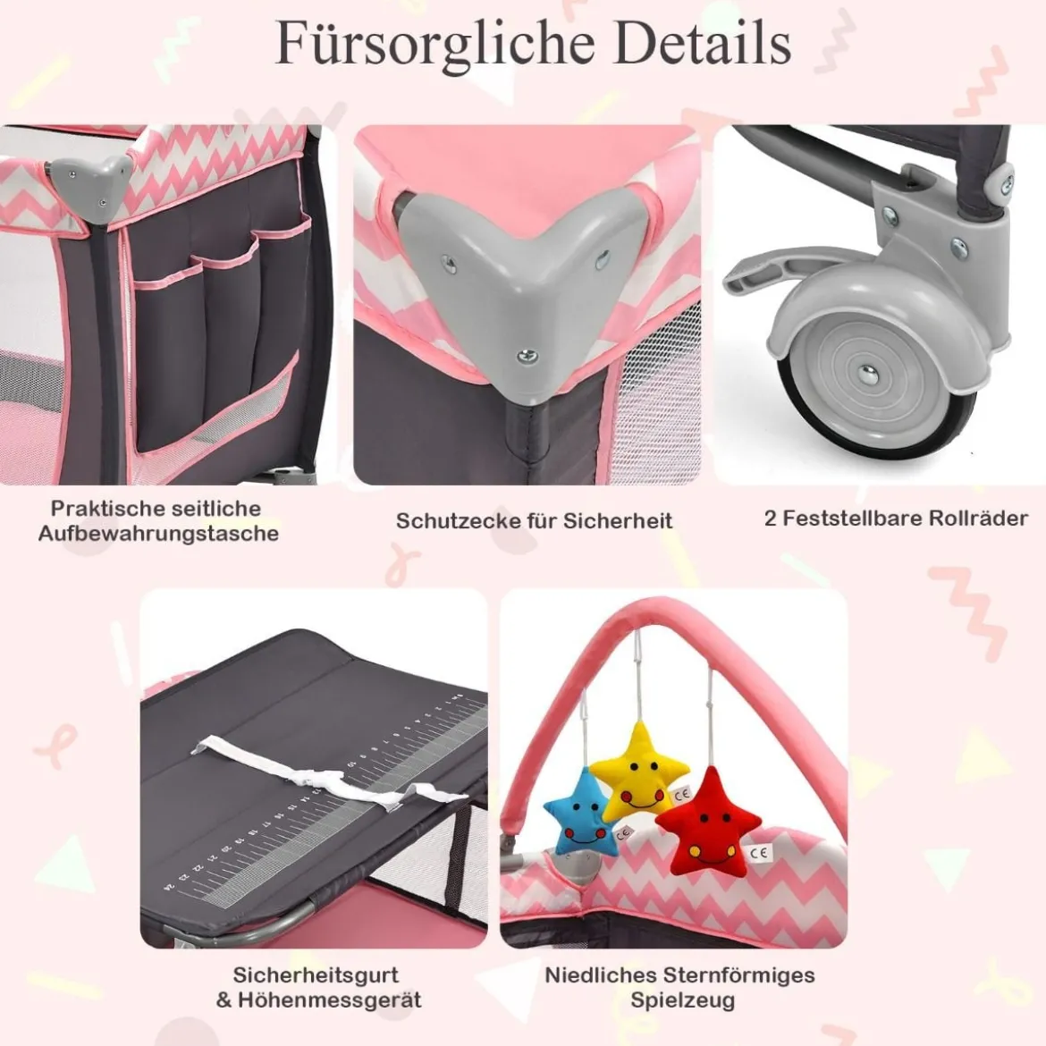 3-in-1-Babybett Tragbares Reisebett mit Spielzeugstange 125 x 65 x 76 cm Rosa