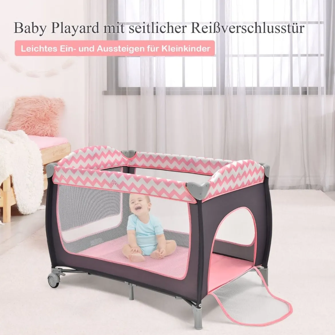 3-in-1-Babybett Tragbares Reisebett mit Spielzeugstange 125 x 65 x 76 cm Rosa