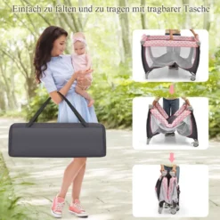 3-in-1-Babybett Tragbares Reisebett mit Spielzeugstange 125 x 65 x 76 cm Rosa