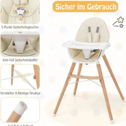 2 in 1 Babyhochstuhl aus Buchenholz mit 5-Punkt-Sicherheitsgurt & Doppeltablett Beige