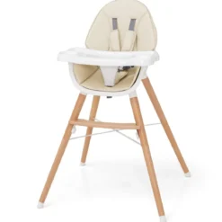 2 in 1 Babyhochstuhl aus Buchenholz mit 5-Punkt-Sicherheitsgurt & Doppeltablett Beige