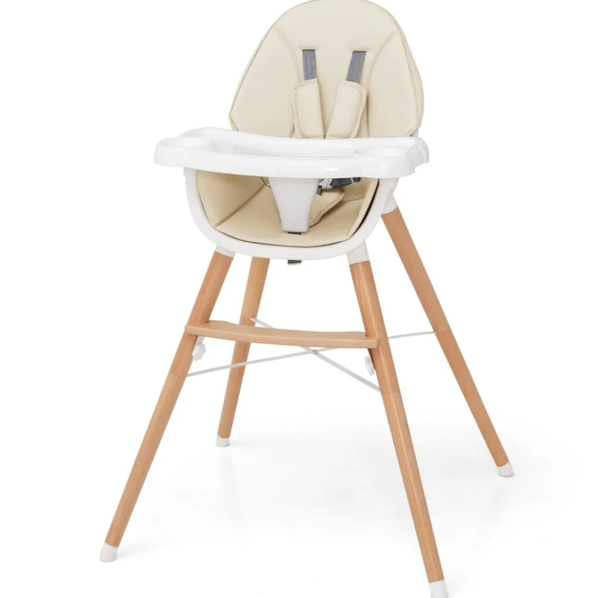2 in 1 Babyhochstuhl aus Buchenholz mit 5-Punkt-Sicherheitsgurt & Doppeltablett Beige