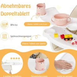 2 in 1 Babyhochstuhl aus Buchenholz mit 5-Punkt-Sicherheitsgurt & Doppeltablett Beige
