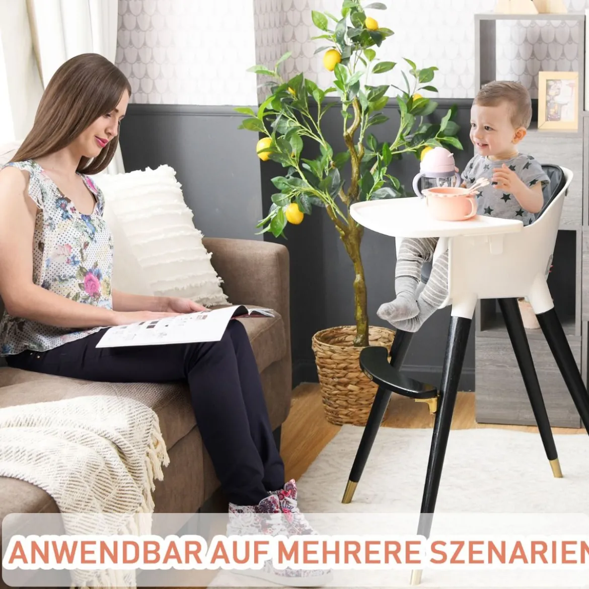 3 in 1 Baby-Hochstuhl hölzerner Babystuhl mit Sitzkissen 58,5 x 53,5 x 84 cm Schwarz + Weiß