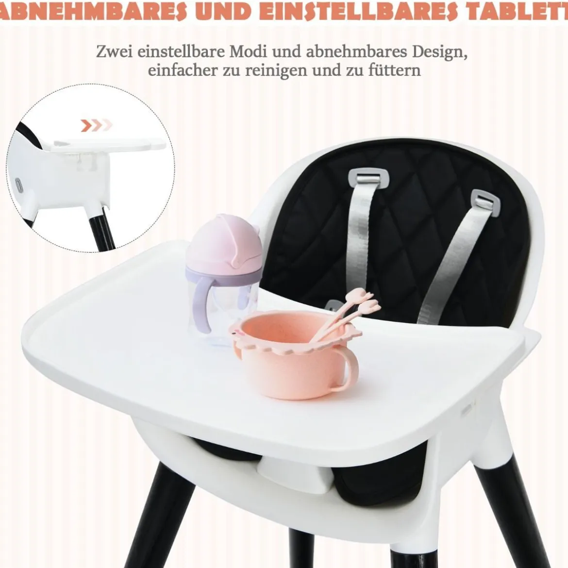 3 in 1 Baby-Hochstuhl hölzerner Babystuhl mit Sitzkissen 58,5 x 53,5 x 84 cm Schwarz + Weiß