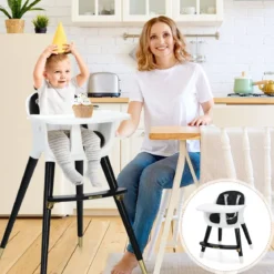 3 in 1 Baby-Hochstuhl hölzerner Babystuhl mit Sitzkissen 58,5 x 53,5 x 84 cm Schwarz + Weiß