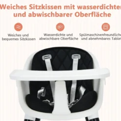 3 in 1 Baby-Hochstuhl hölzerner Babystuhl mit Sitzkissen 58,5 x 53,5 x 84 cm Schwarz + Weiß