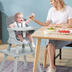 6-in-1 Babyhochstuhl Hochstuhl & Essstuhl & Lerntisch & Bausteintisch & Kindersitzgruppe Grau