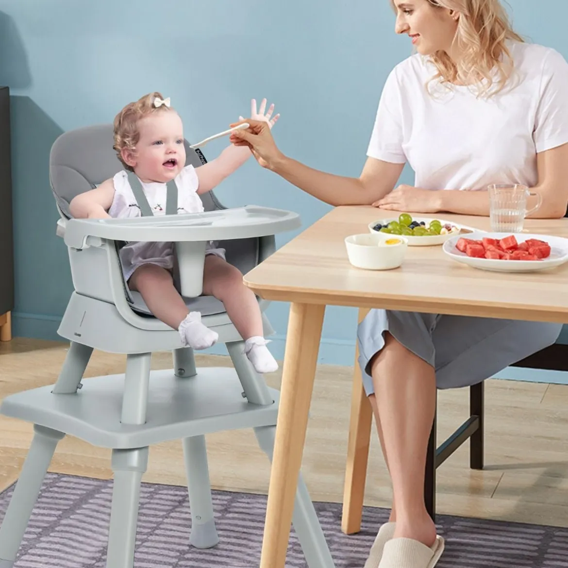 6-in-1 Babyhochstuhl Hochstuhl & Essstuhl & Lerntisch & Bausteintisch & Kindersitzgruppe Grau