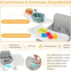 3 in 1 Babyhochstuhl Klappbar Hochstuhl & Essstuhl & Sitzerhöhung Weiß + Grau