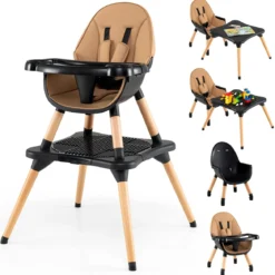 6 in 1 Baby Hochstuhl mit Bausteintisch & Abnehmbarem Doppeltablett Kinderhochstuhl Braun
