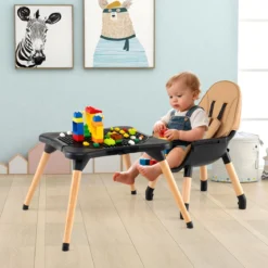 6 in 1 Baby Hochstuhl mit Bausteintisch & Abnehmbarem Doppeltablett Kinderhochstuhl Braun