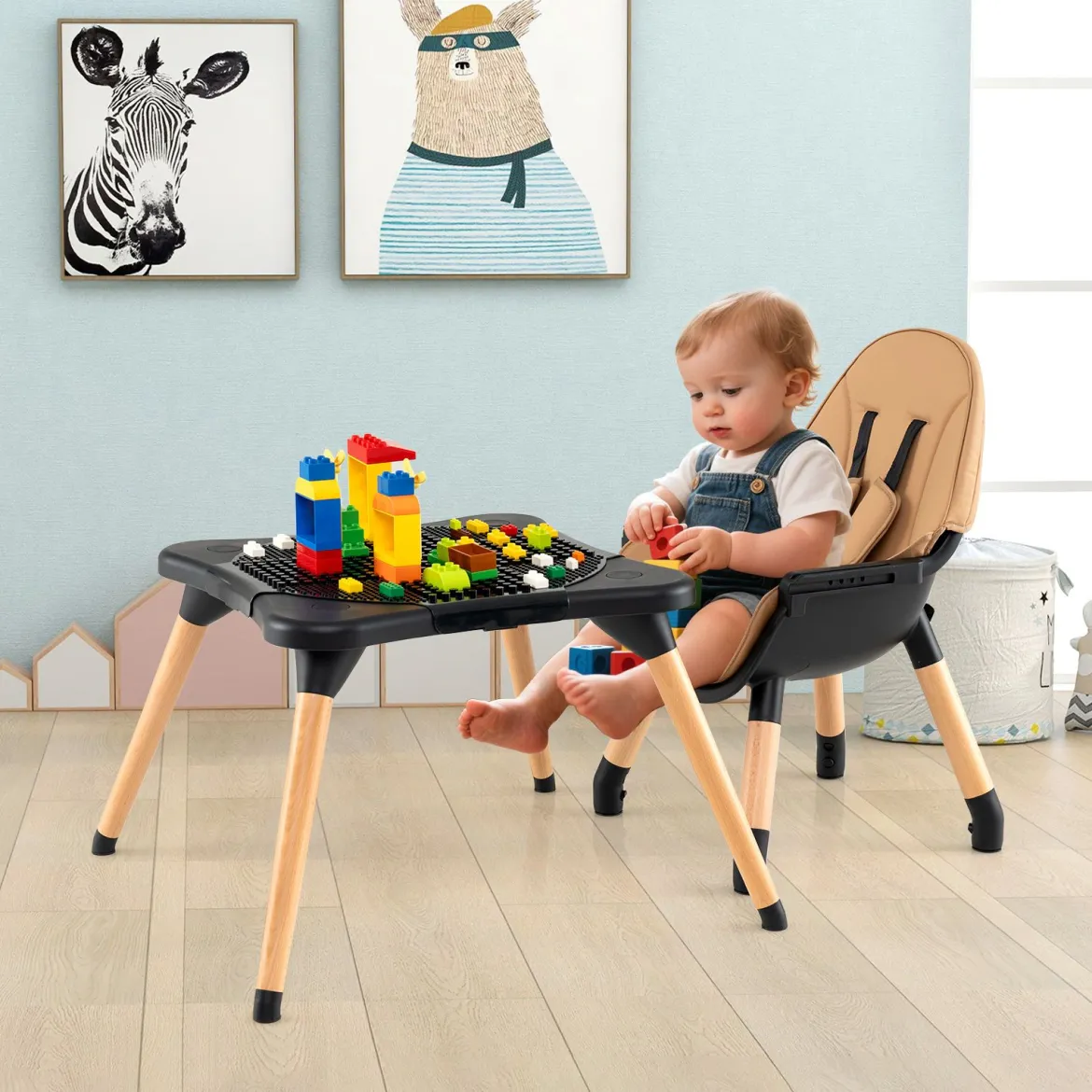 6 in 1 Baby Hochstuhl mit Bausteintisch & Abnehmbarem Doppeltablett Kinderhochstuhl Braun