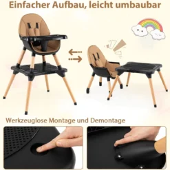6 in 1 Baby Hochstuhl mit Bausteintisch & Abnehmbarem Doppeltablett Kinderhochstuhl Braun