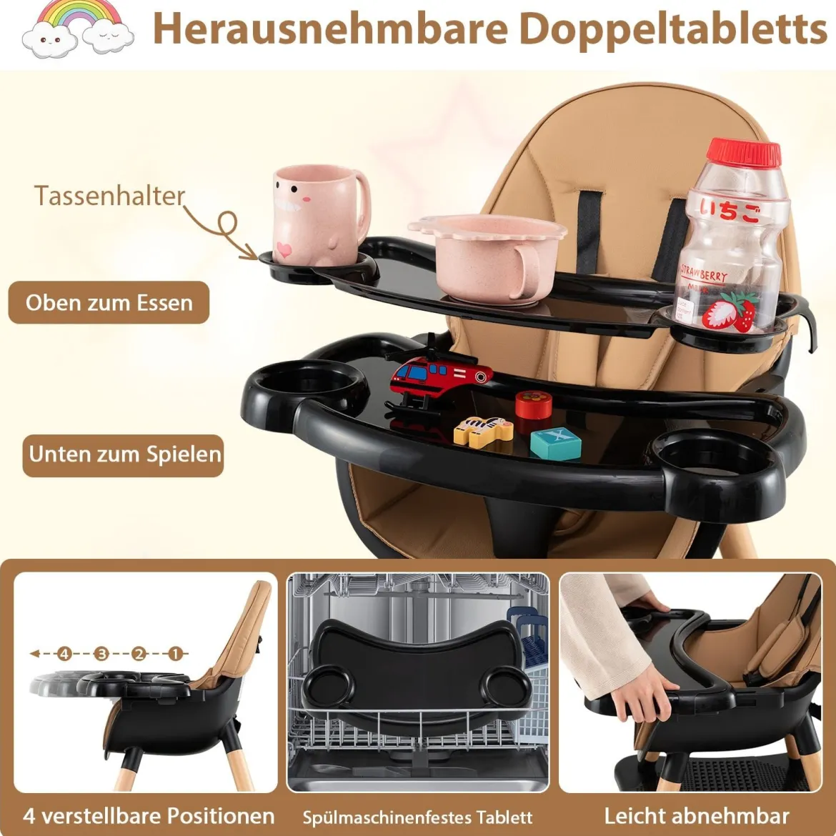 6 in 1 Baby Hochstuhl mit Bausteintisch & Abnehmbarem Doppeltablett Kinderhochstuhl Braun