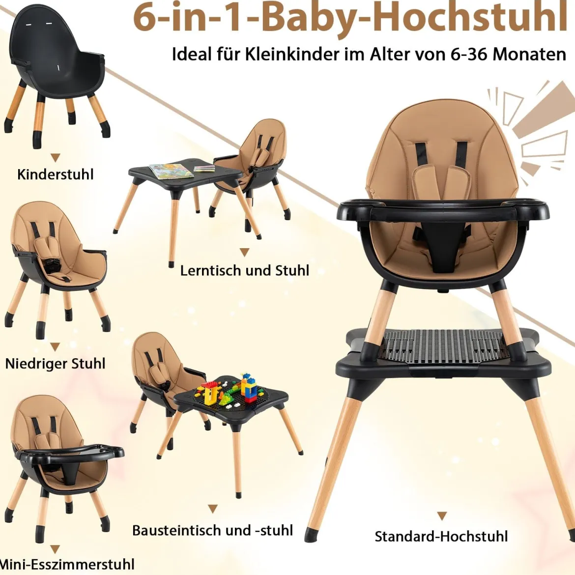 6 in 1 Baby Hochstuhl mit Bausteintisch & Abnehmbarem Doppeltablett Kinderhochstuhl Braun
