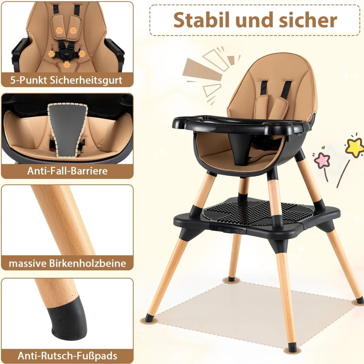 6 in 1 Baby Hochstuhl mit Bausteintisch & Abnehmbarem Doppeltablett Kinderhochstuhl Braun