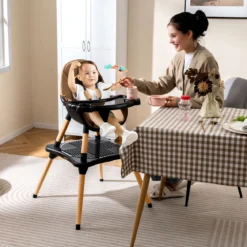 6 in 1 Baby Hochstuhl mit Bausteintisch & Abnehmbarem Doppeltablett Kinderhochstuhl Braun