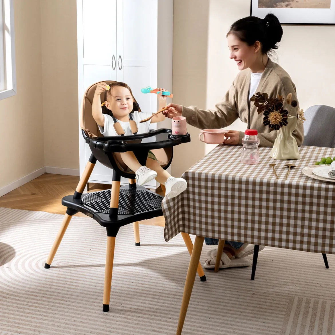 6 in 1 Baby Hochstuhl mit Bausteintisch & Abnehmbarem Doppeltablett Kinderhochstuhl Braun