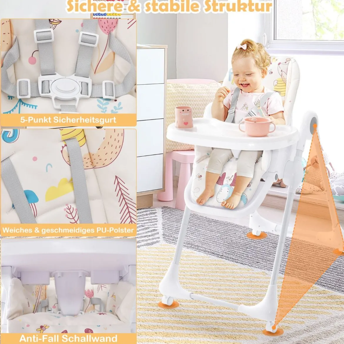 3-in-1-Babyhochstuhl mit 5-fach verstellbarer Fußstütze 3-fach verstellbarer Rückenlehne & 4 Universalrädern Beige