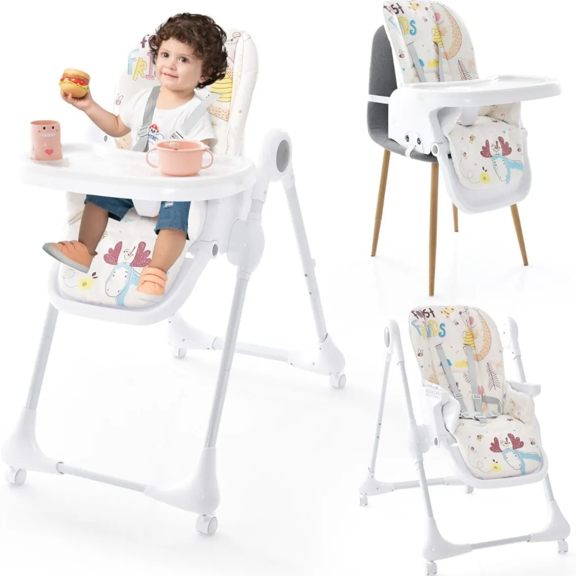 3-in-1-Babyhochstuhl mit 5-fach verstellbarer Fußstütze 3-fach verstellbarer Rückenlehne & 4 Universalrädern Beige