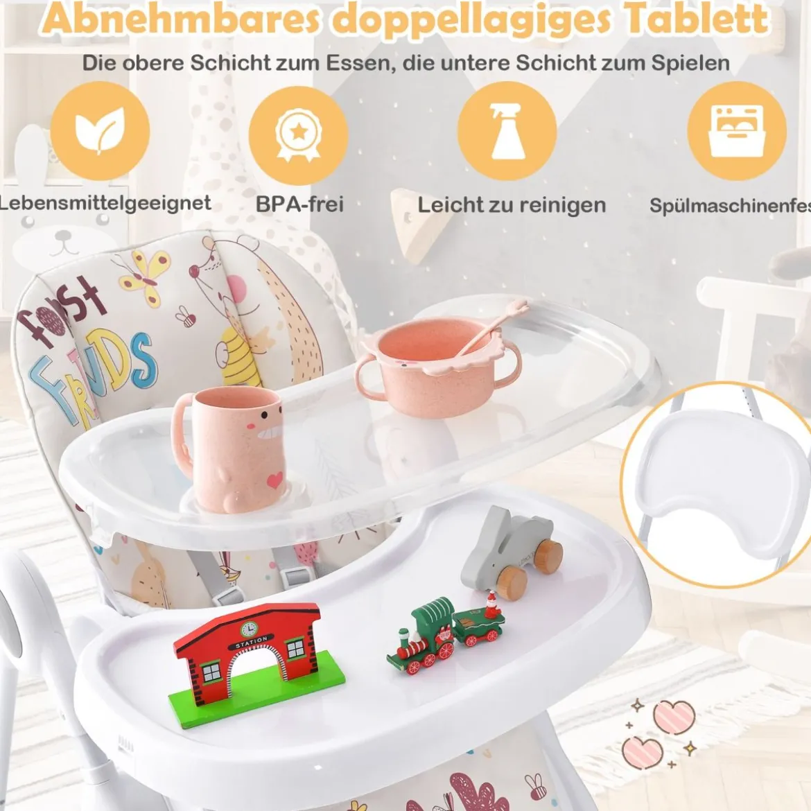 3-in-1-Babyhochstuhl mit 5-fach verstellbarer Fußstütze 3-fach verstellbarer Rückenlehne & 4 Universalrädern Beige