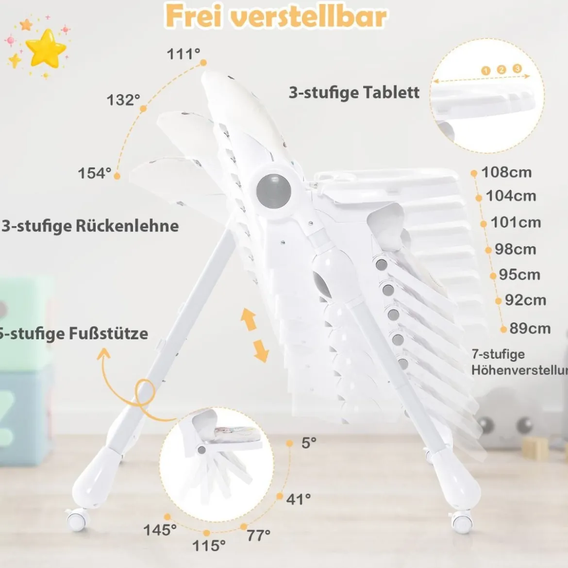 3-in-1-Babyhochstuhl mit 5-fach verstellbarer Fußstütze 3-fach verstellbarer Rückenlehne & 4 Universalrädern Beige