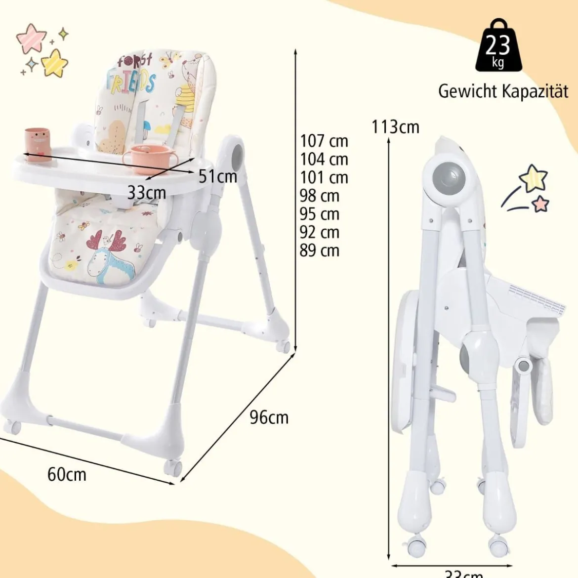 3-in-1-Babyhochstuhl mit 5-fach verstellbarer Fußstütze 3-fach verstellbarer Rückenlehne & 4 Universalrädern Beige